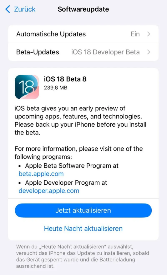 新丰苹果手机维修分享苹果 iOS / iPadOS 18 开发者预览版 Beta 8 发布 